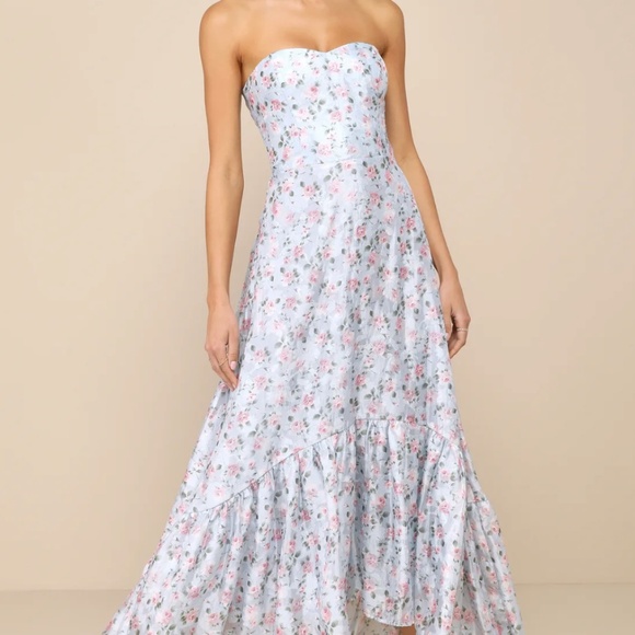 Gorgeous Desire Light Blue Floral Strapless High-Low Maxi Dress - Picture 1 of 1